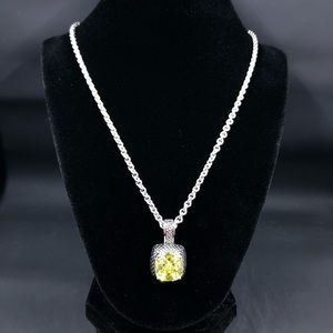 Beautiful & Bold Silver Tone chain & Light Green Cushion cut Stone pendent.